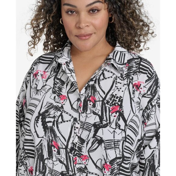 KARL LAGERFELD Plus Size 2X Printed Collared Button Shirt White SALE $99 - Picture 2 of 6